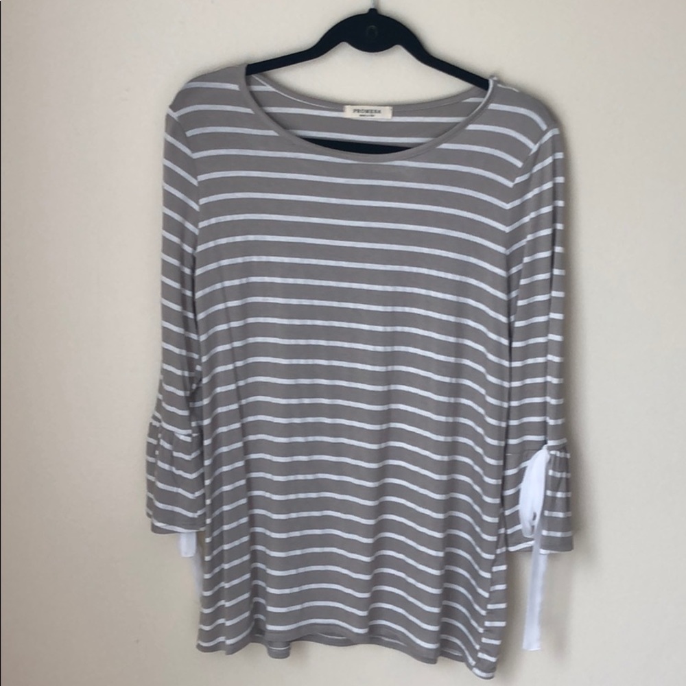 Tan and white striped top with bow detail